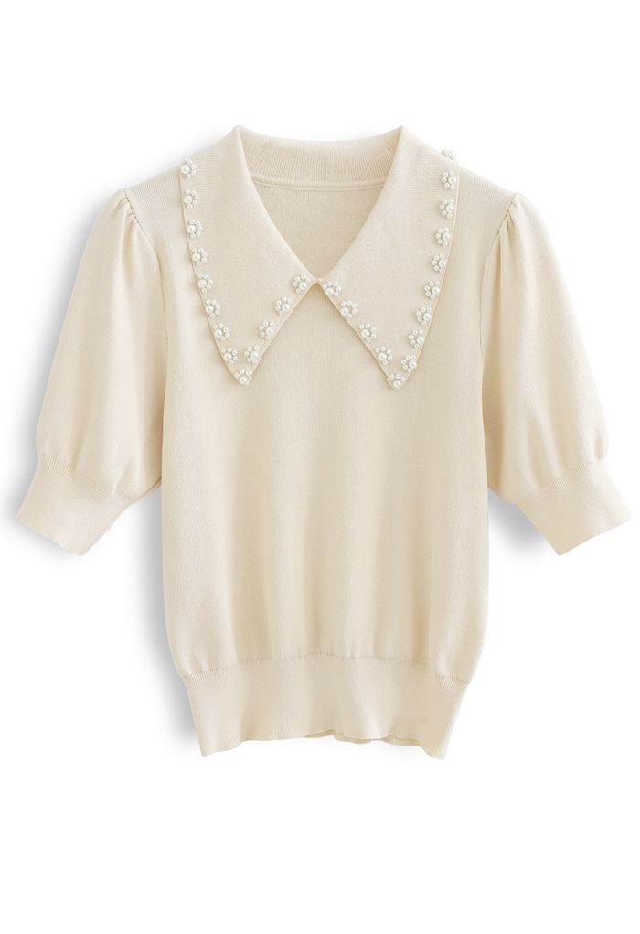 Pearly Collar Puff Sleeves Knit Top in Cream