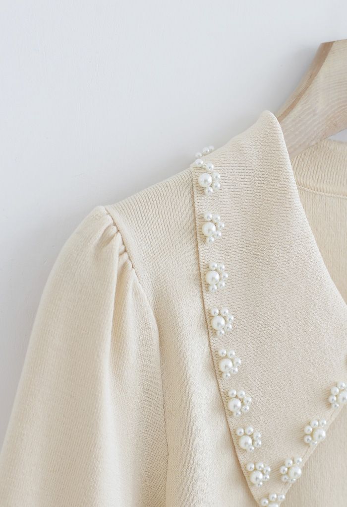 Pearly Collar Puff Sleeves Knit Top in Cream