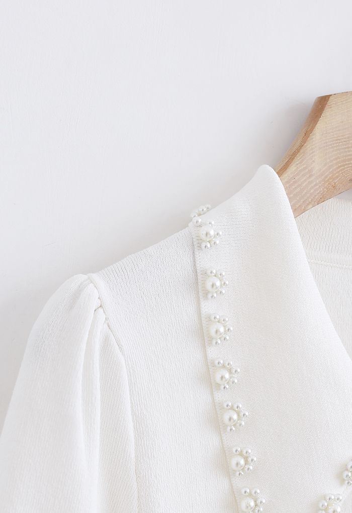 Pearly Collar Puff Sleeves Knit Top in White