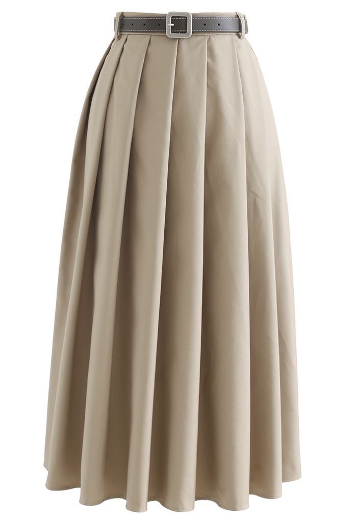Classic Belted Pleated Midi Skirt in Tan