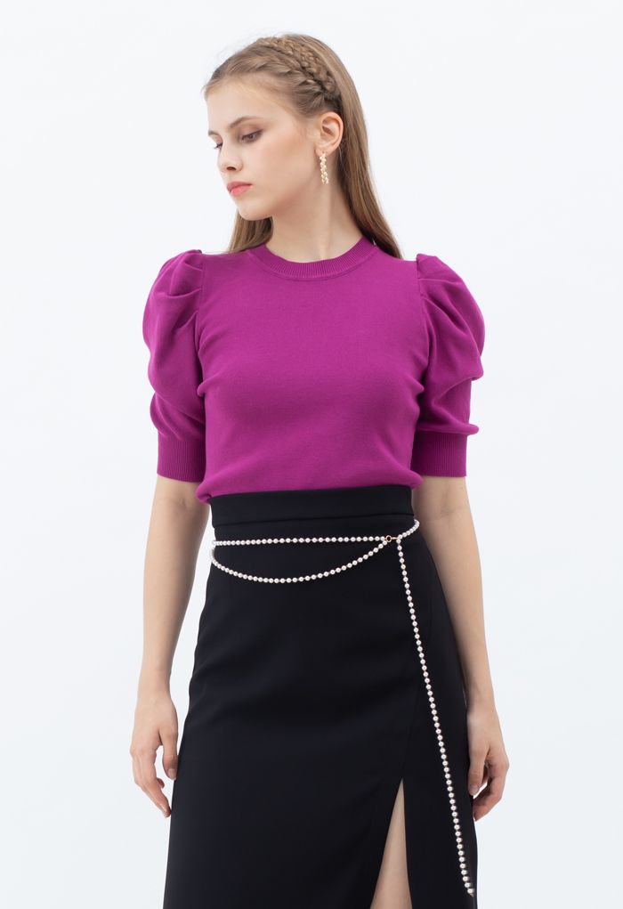 Bubble Short-Sleeve Knit Top in Magenta
