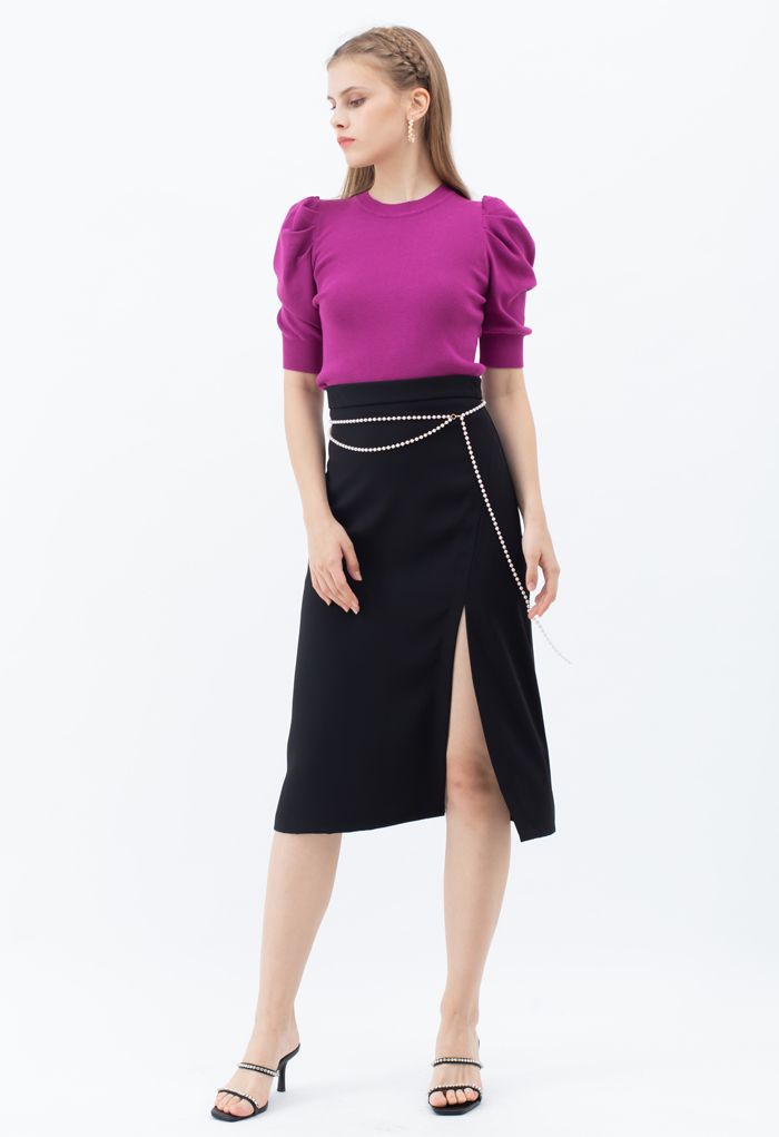 Pearls Chain Front Slit Midi Skirt in Black