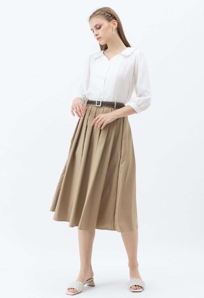 Classic Belted Pleated Midi Skirt in Tan