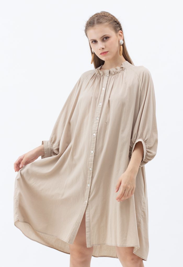 Breezy Bubble Sleeve Longline Shirt Dress in Tan