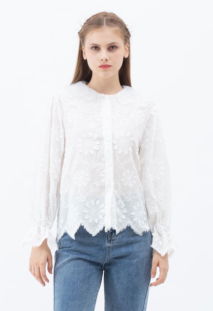 Organza Neck Delicate Embroidered Shirt in White