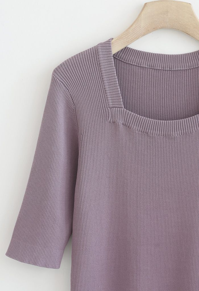 Mid-Length Sleeves Square Neck Knit Top in Purple