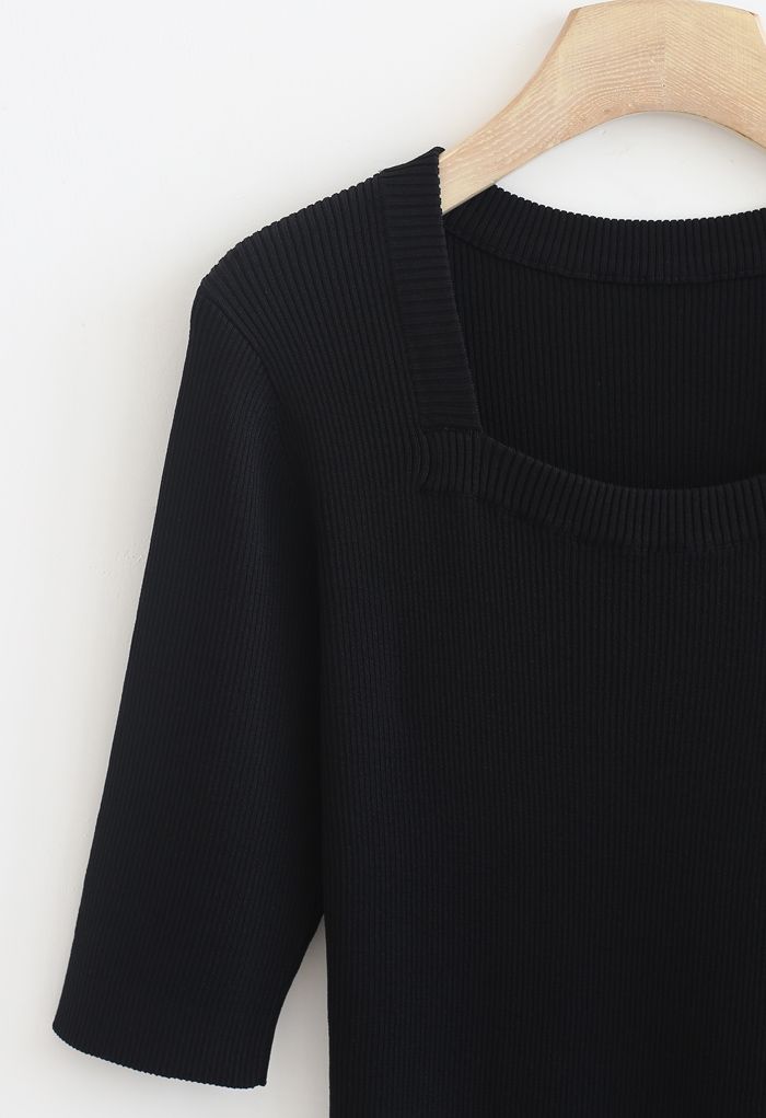 Mid-Length Sleeves Square Neck Knit Top in Black