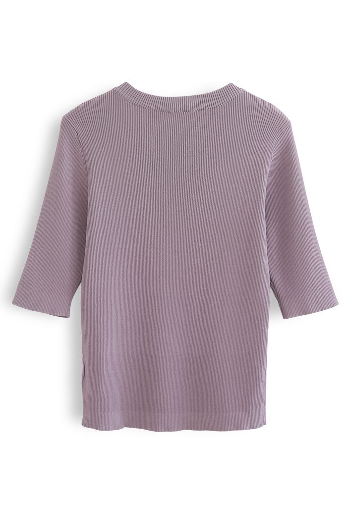 Mid-Length Sleeves Square Neck Knit Top in Purple