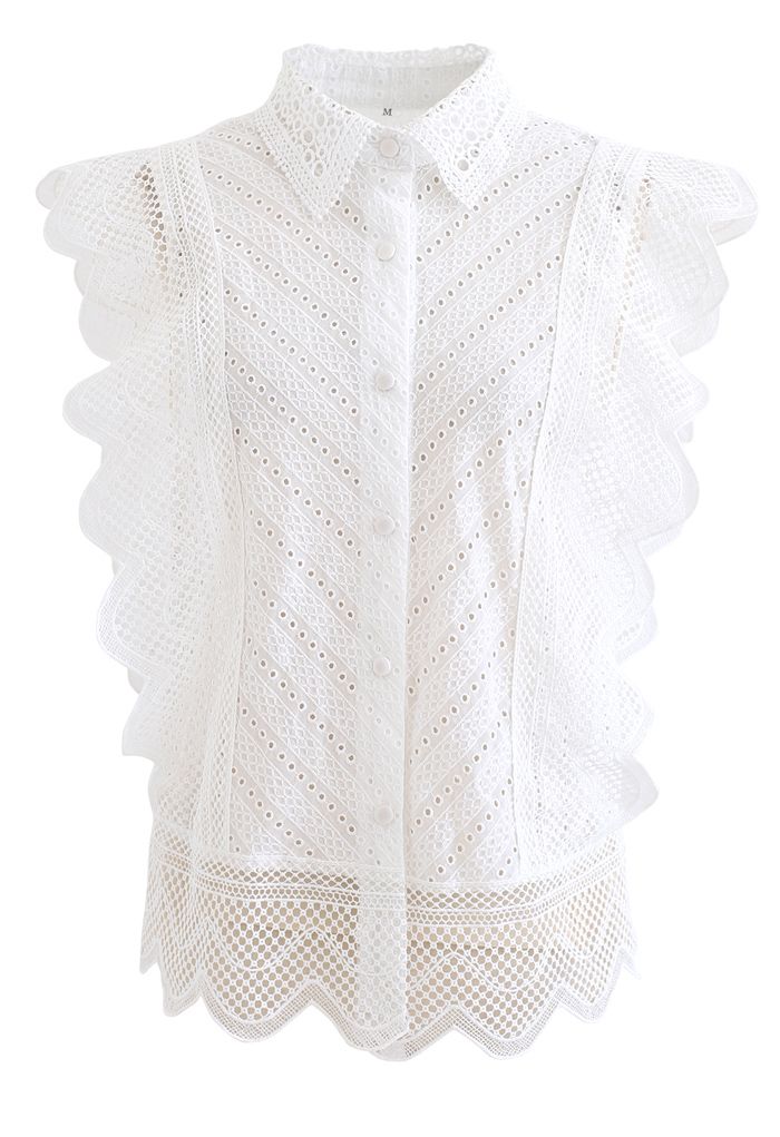 Wavy Lace Eyelet Embroidered Sleeveless Shirt in White