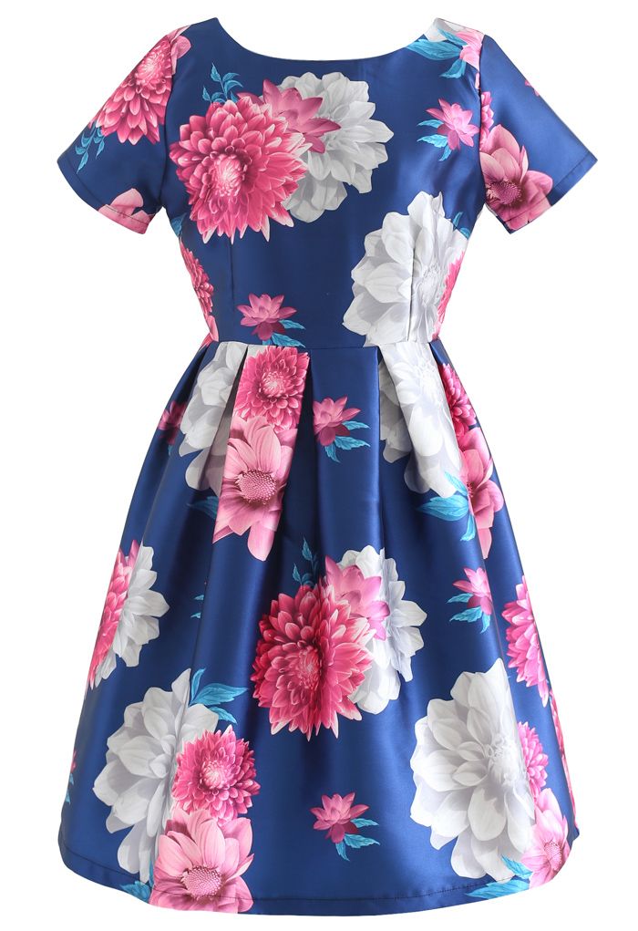 Splendid Flower Short-Sleeve Pleated Dress