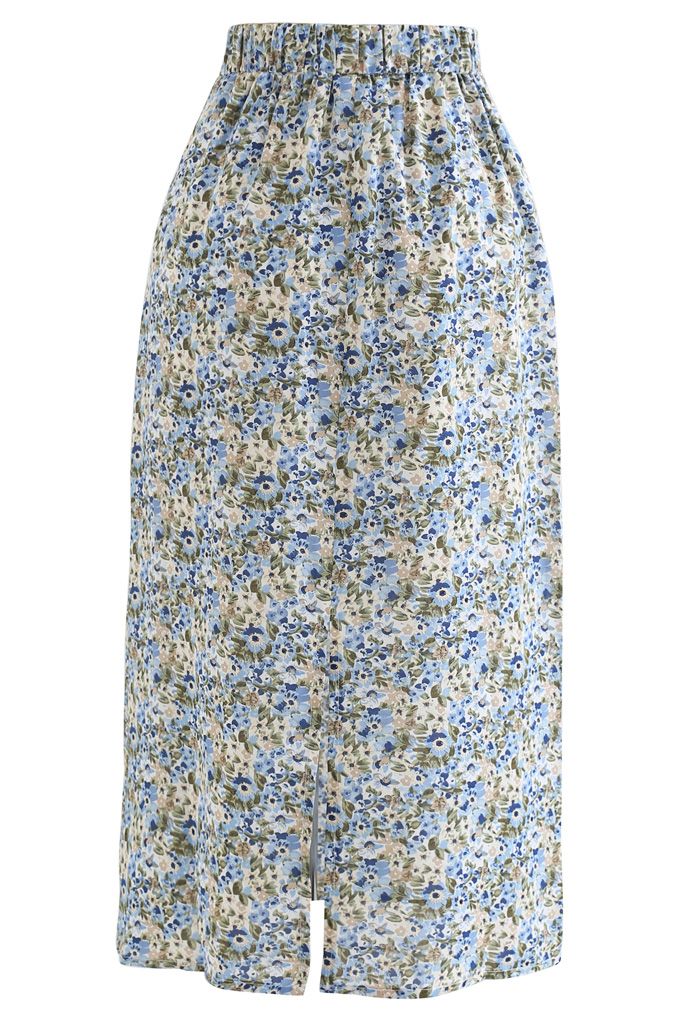 Ditsy Floral Chiffon Pencil Skirt in Blue