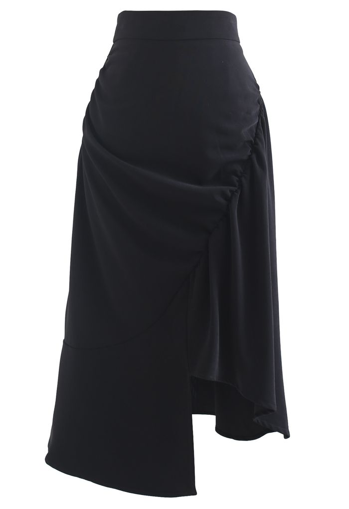 Asymmetric Cutout Hem Ruched Midi Skirt