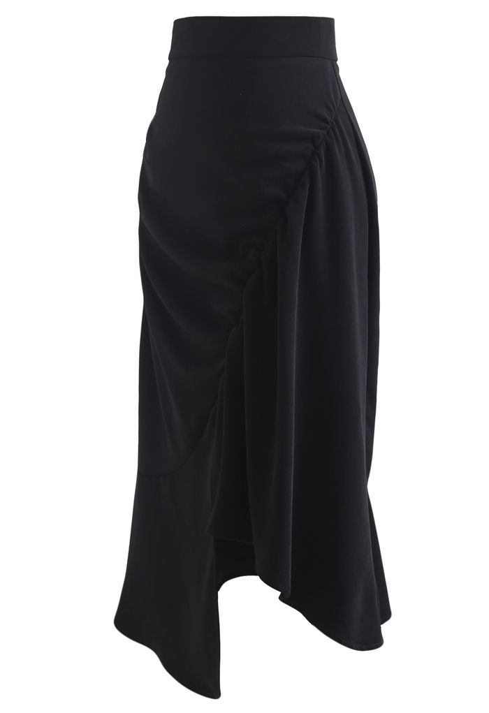 Asymmetric Cutout Hem Ruched Midi Skirt