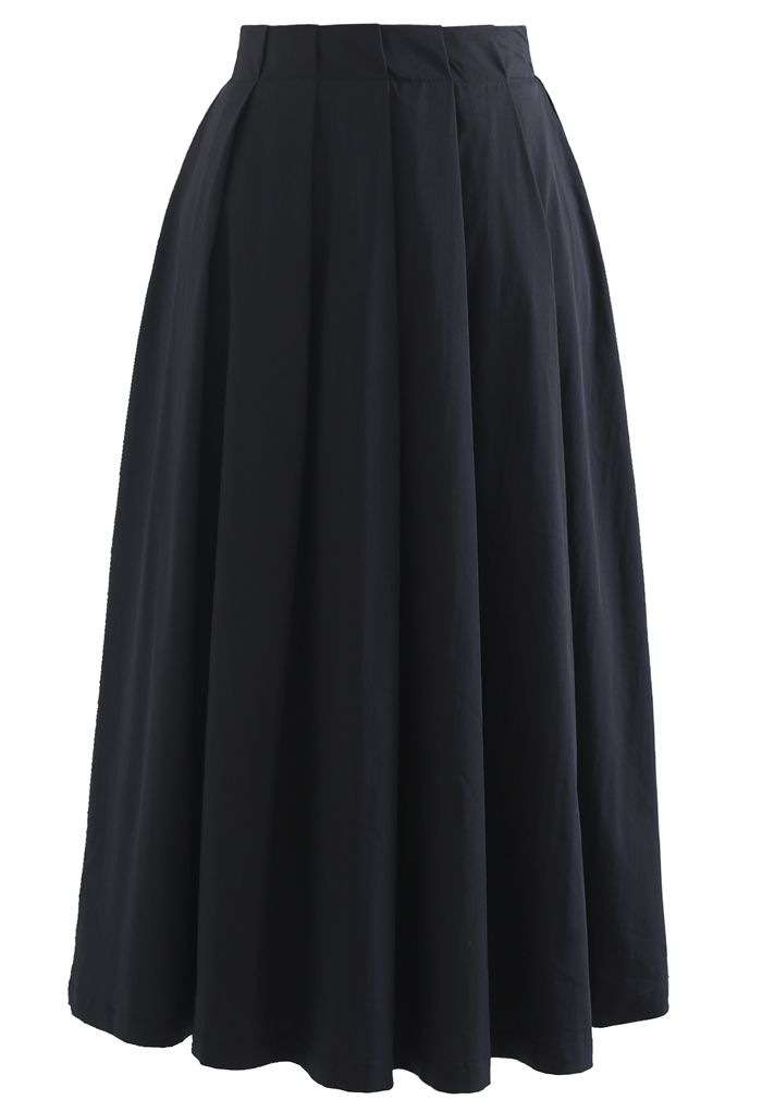 Cotton A-Line Pleated Midi Skirt in Black