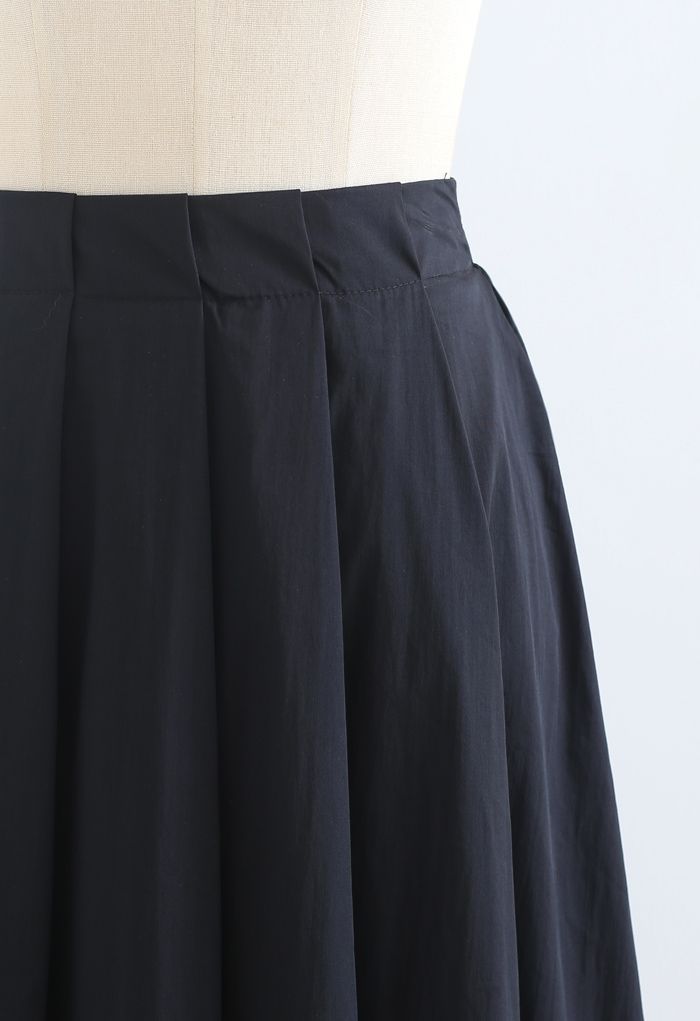 Cotton A-Line Pleated Midi Skirt in Black