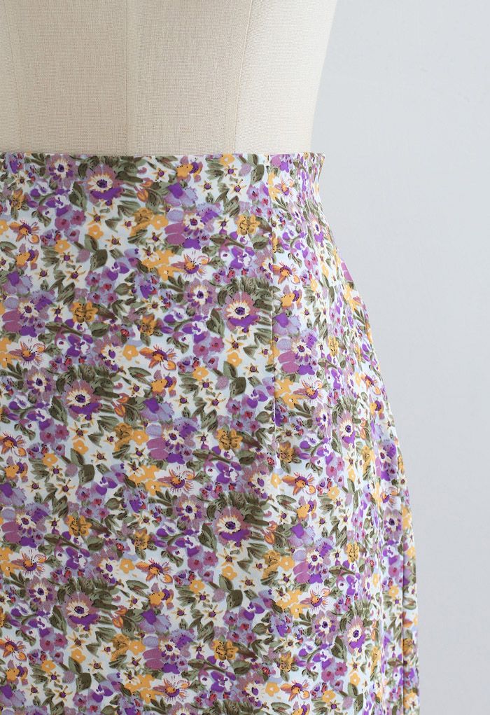 Ditsy Floral Chiffon Pencil Skirt in Purple