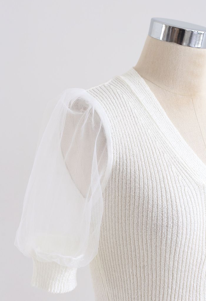 Meshed Short Sleeves Cropped Knit Top in White