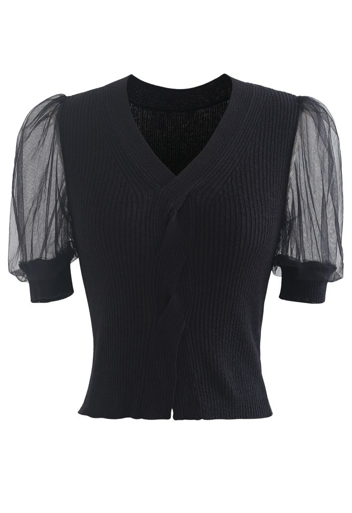 Meshed Short Sleeves Cropped Knit Top in Black