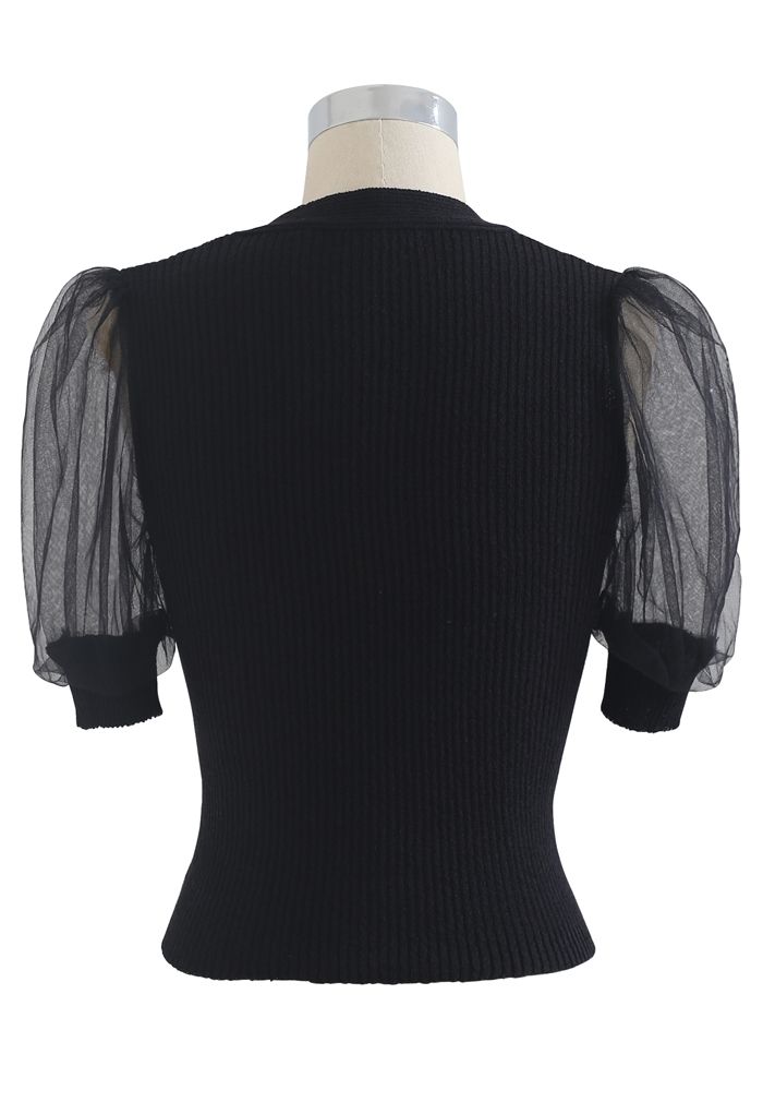 Meshed Short Sleeves Cropped Knit Top in Black