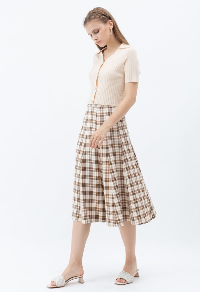 High-Waisted Tartan Flare Skirt in Tan