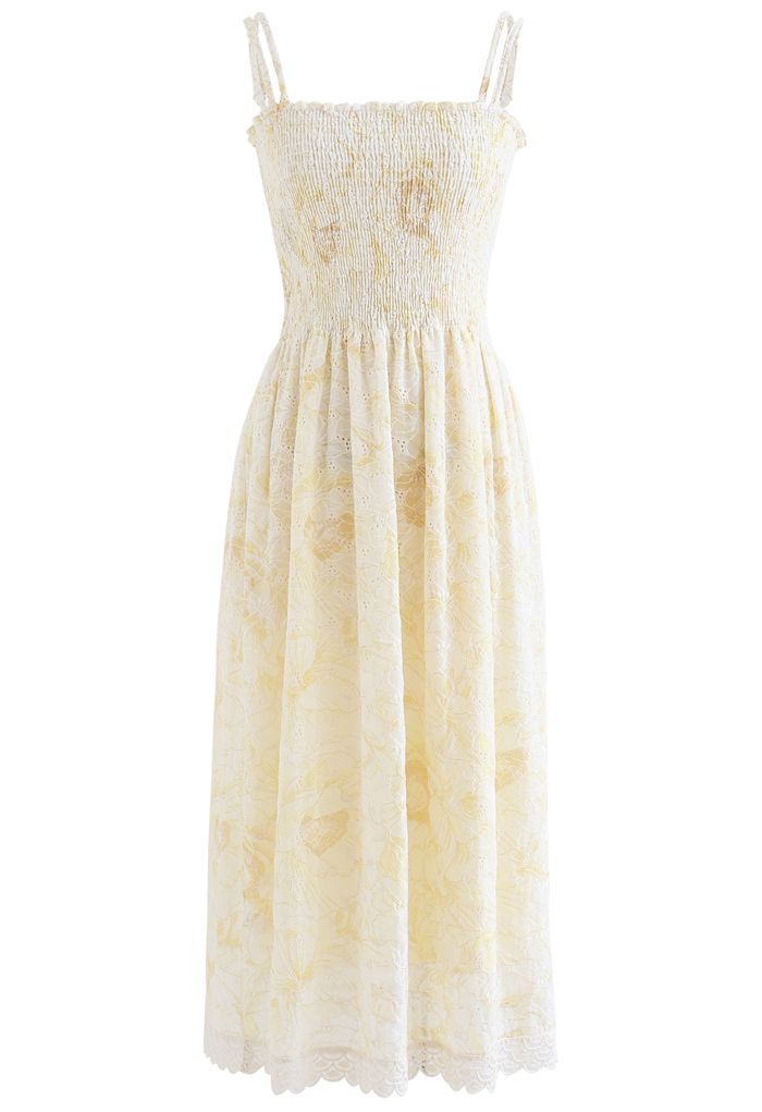 Petal Embroidered Shirred Bust Cami Dress in Yellow