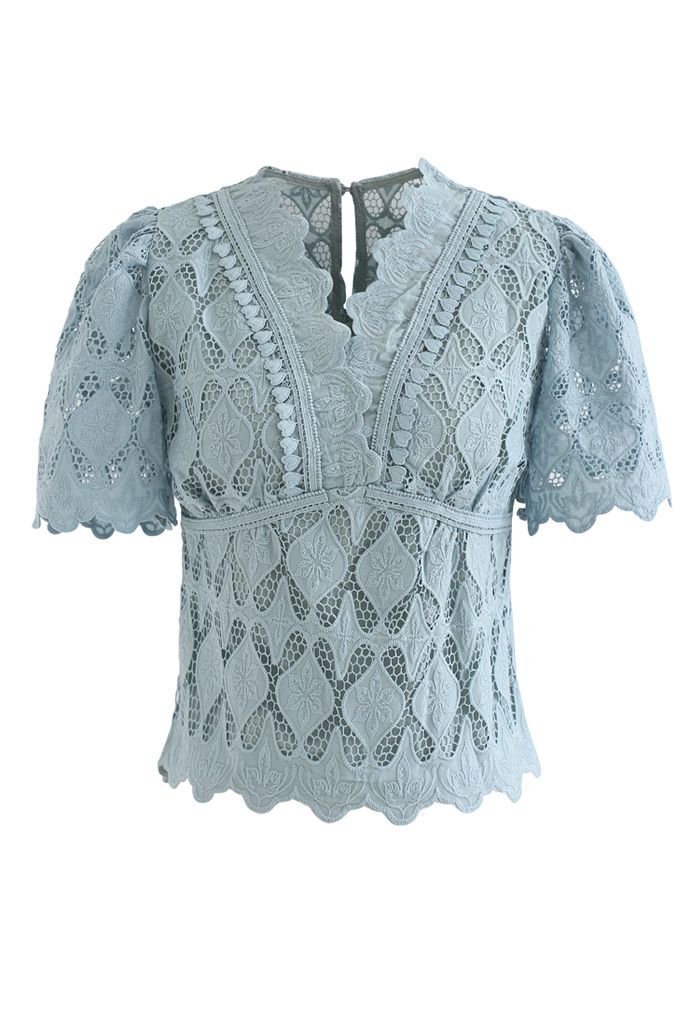 Scallop Edge Embroidered Crochet Top in Teal
