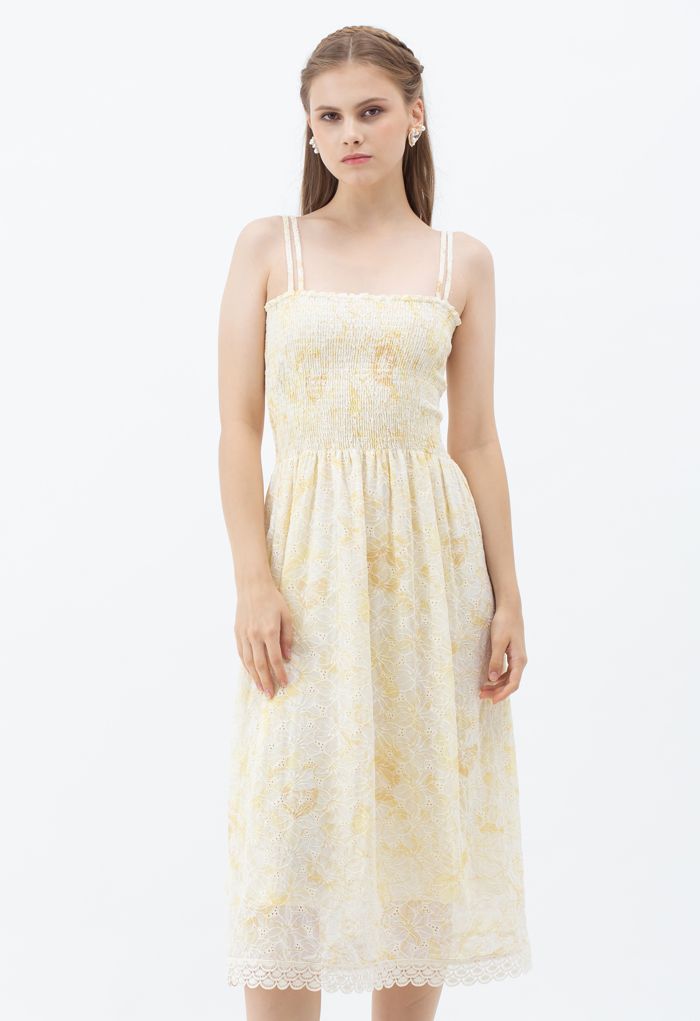 Petal Embroidered Shirred Bust Cami Dress in Yellow