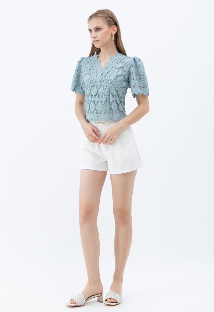 Scallop Edge Embroidered Crochet Top in Teal