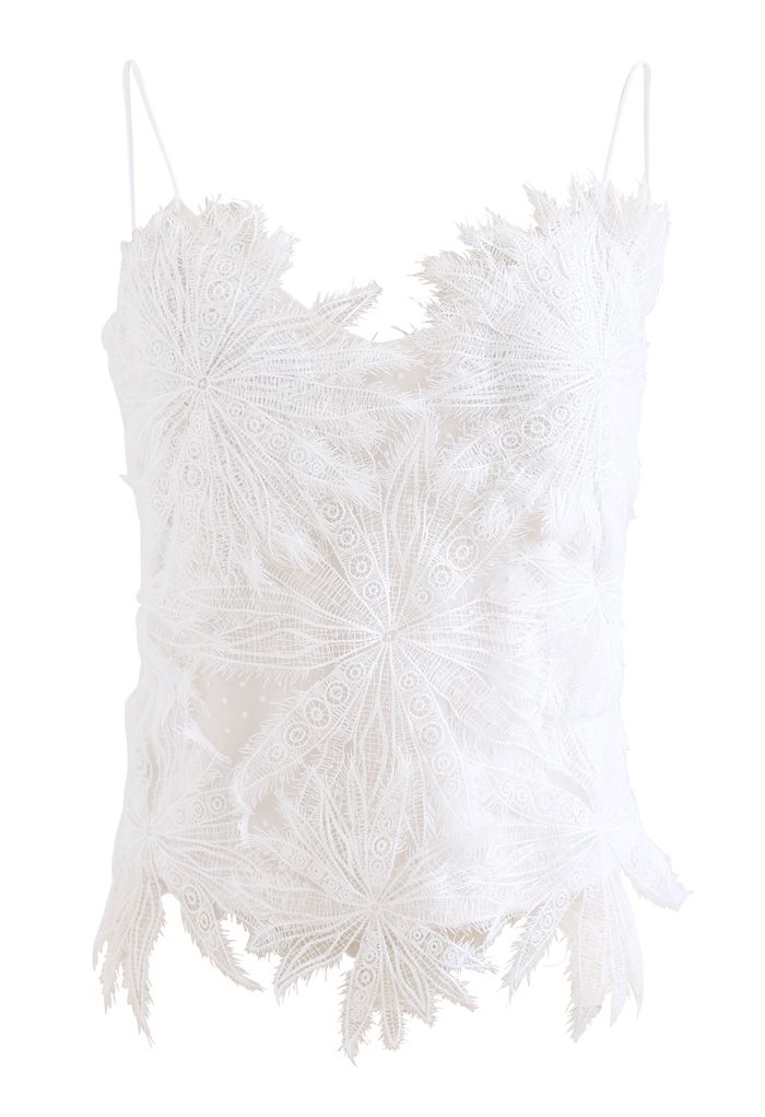 Solid Feather Overlay Mesh Cami Top