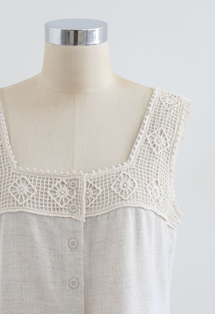 Crochet Diamond Buttoned Crop Tank Top in Linen