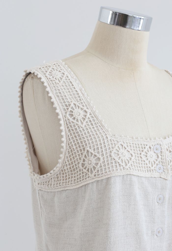 Crochet Diamond Buttoned Crop Tank Top in Linen