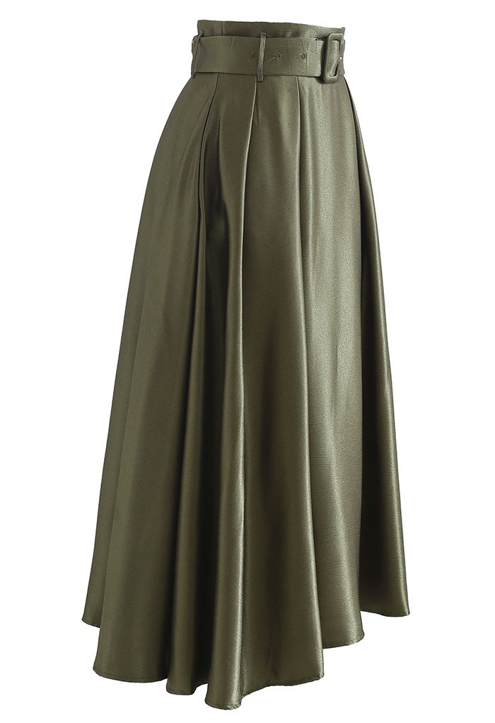 Belted Texture Flare Maxi Skirt in Moss Green