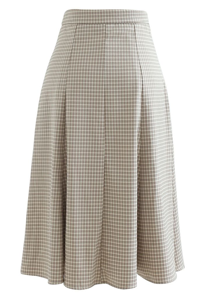 Button Decorated Pleated Gingham Skirt in Khaki