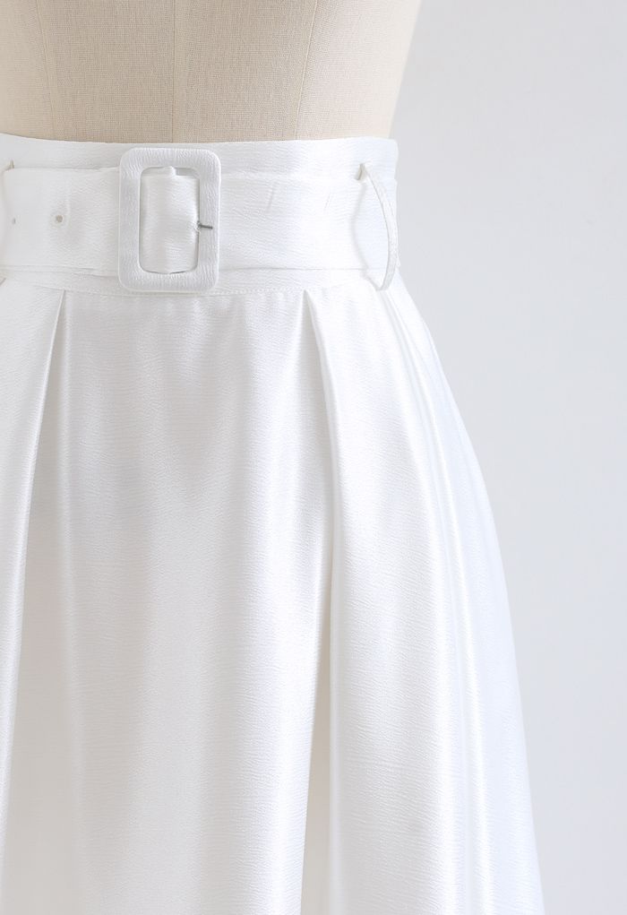 Belted Texture Flare Maxi Skirt in White