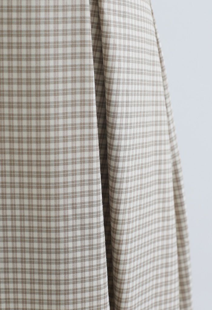 Button Decorated Pleated Gingham Skirt in Khaki