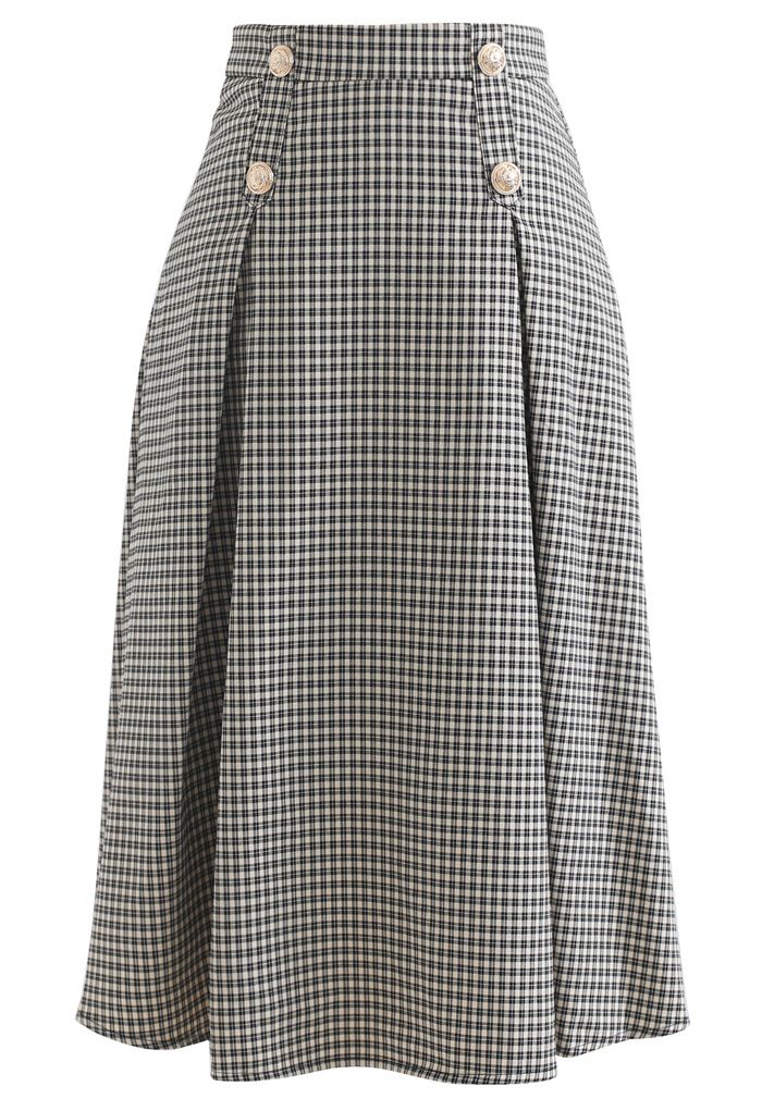 Button Decorated Pleated Gingham Skirt in Black - Retro, Indie and ...