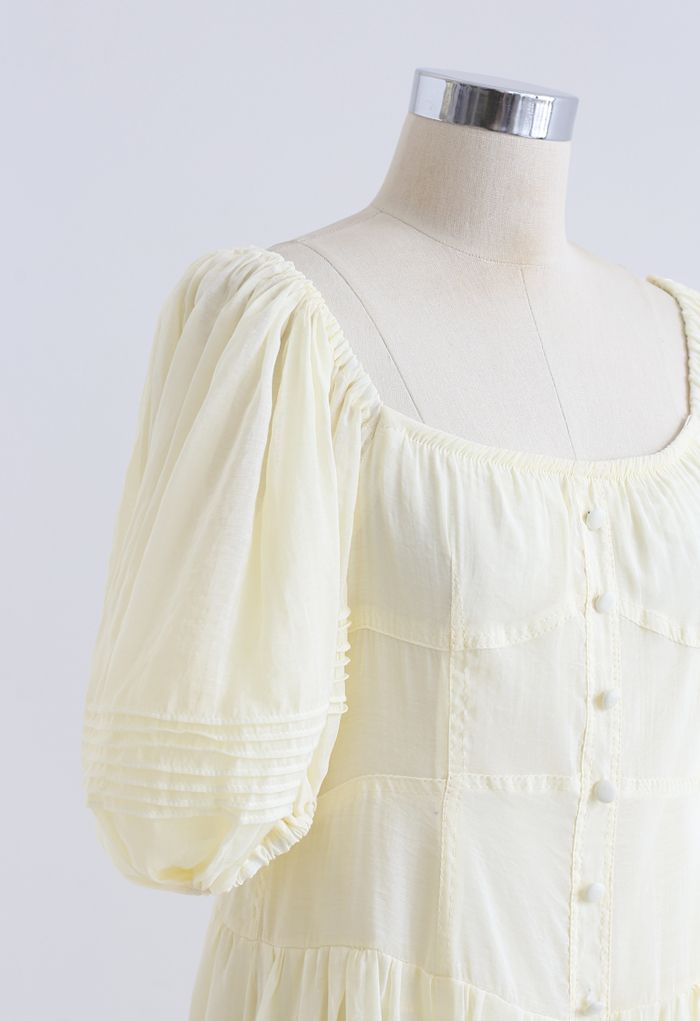 Flowy Puff Sleeves Buttoned Frilling Dress in Light Yellow