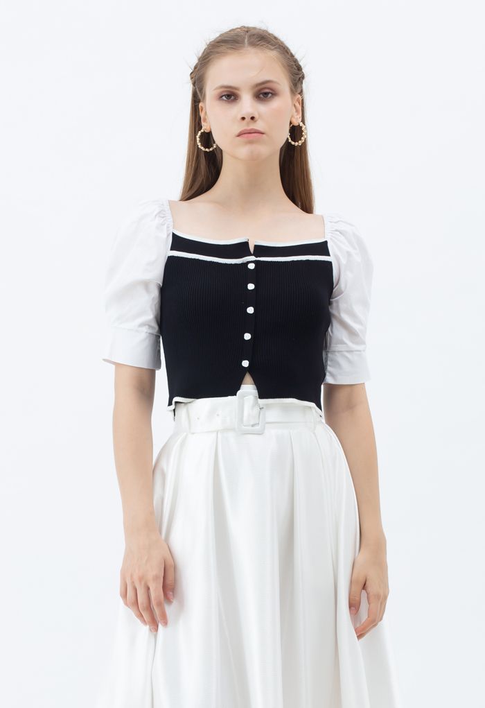 Puff Short Sleeves Buttoned Crop Knit Top in Black