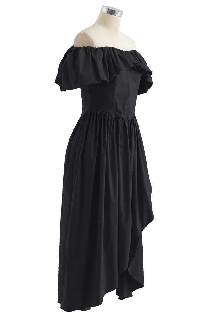 Ruffle Off-Shoulder Flap Asymmetric Dress in Black