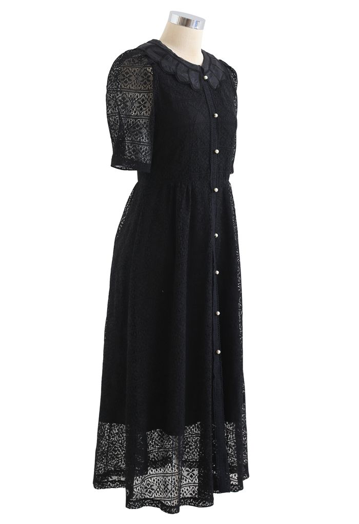 Doll Collar Full Lace Midi Dress in Black
