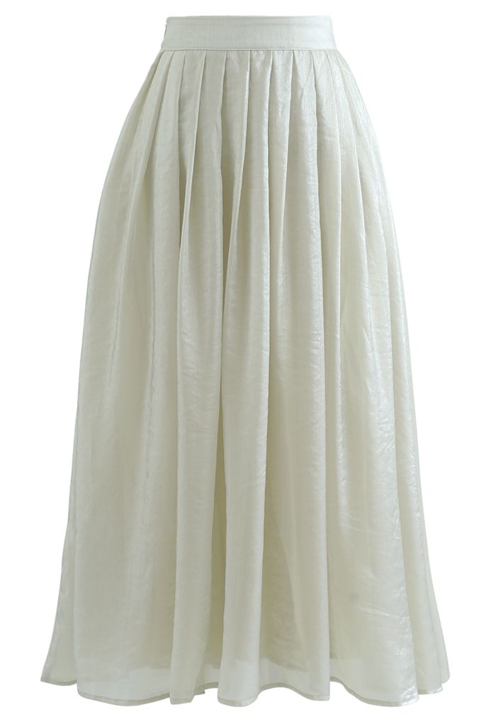 Shimmer Breeze Pleated A-Line Midi Skirt in Pea Green