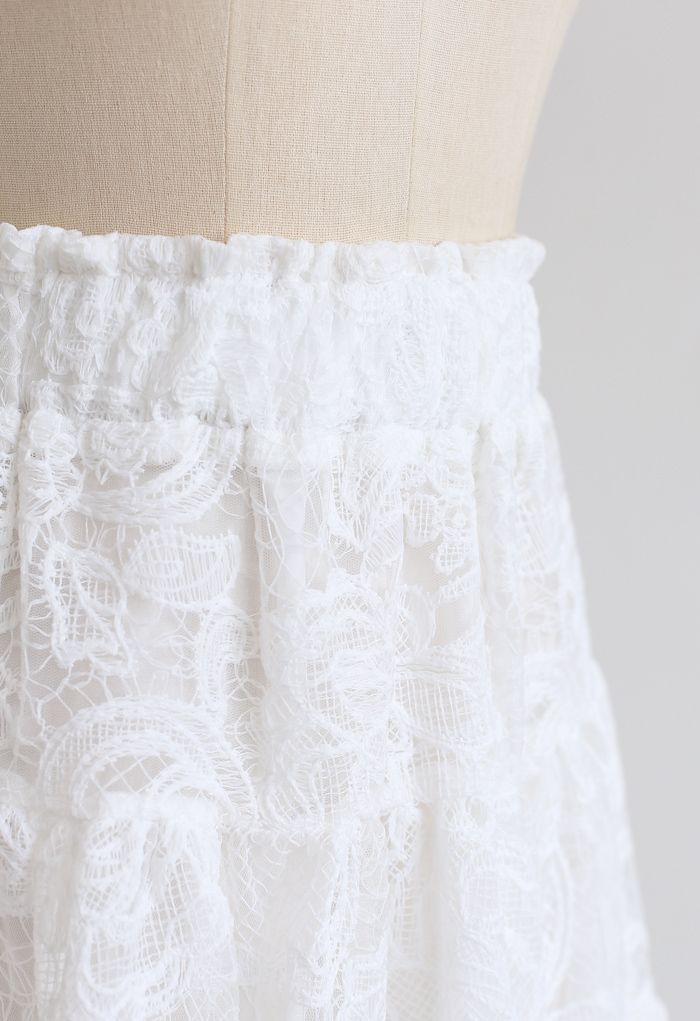 White Floral Crochet Mesh Frilling Skirt