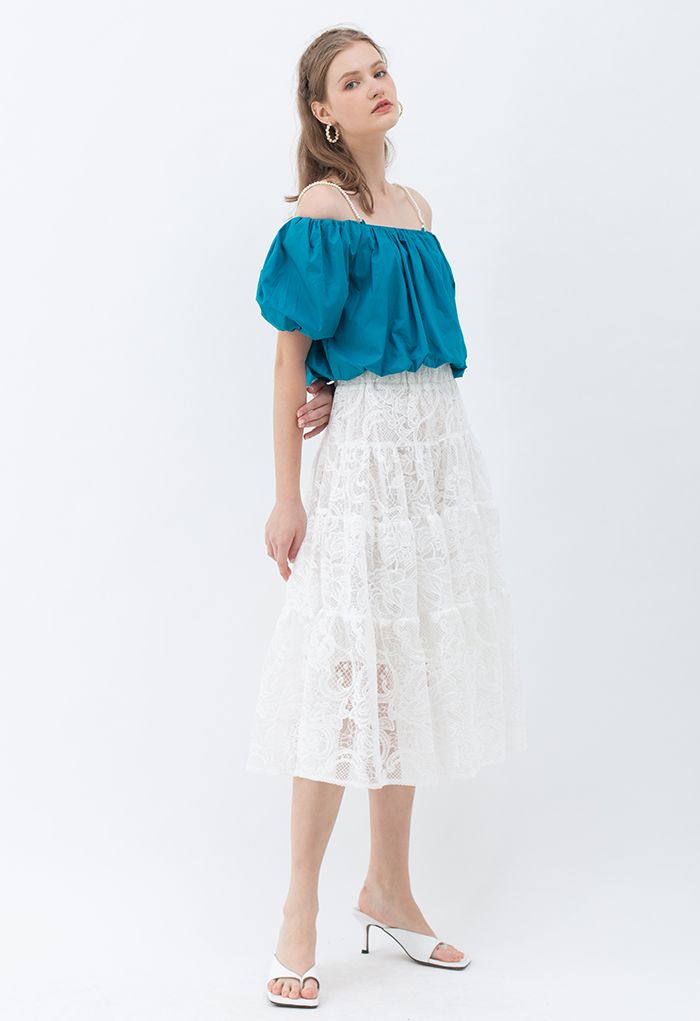 White Floral Crochet Mesh Frilling Skirt