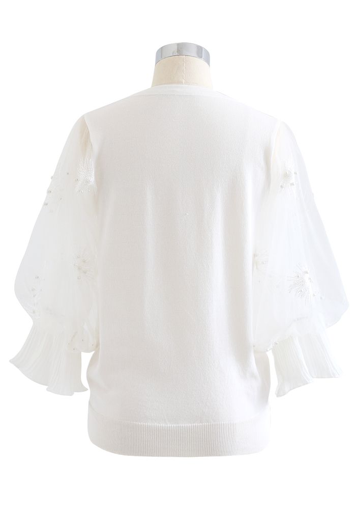 Firework Embroidered Mesh Sleeve Knit Top in White