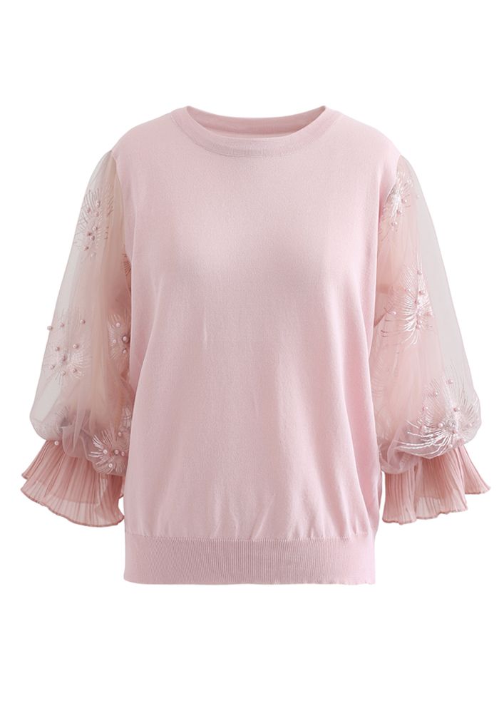 Firework Embroidered Mesh Sleeve Knit Top in Pink