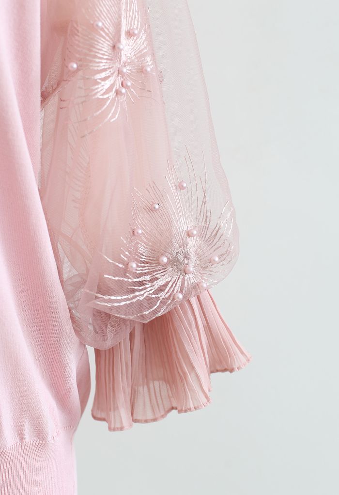 Firework Embroidered Mesh Sleeve Knit Top in Pink