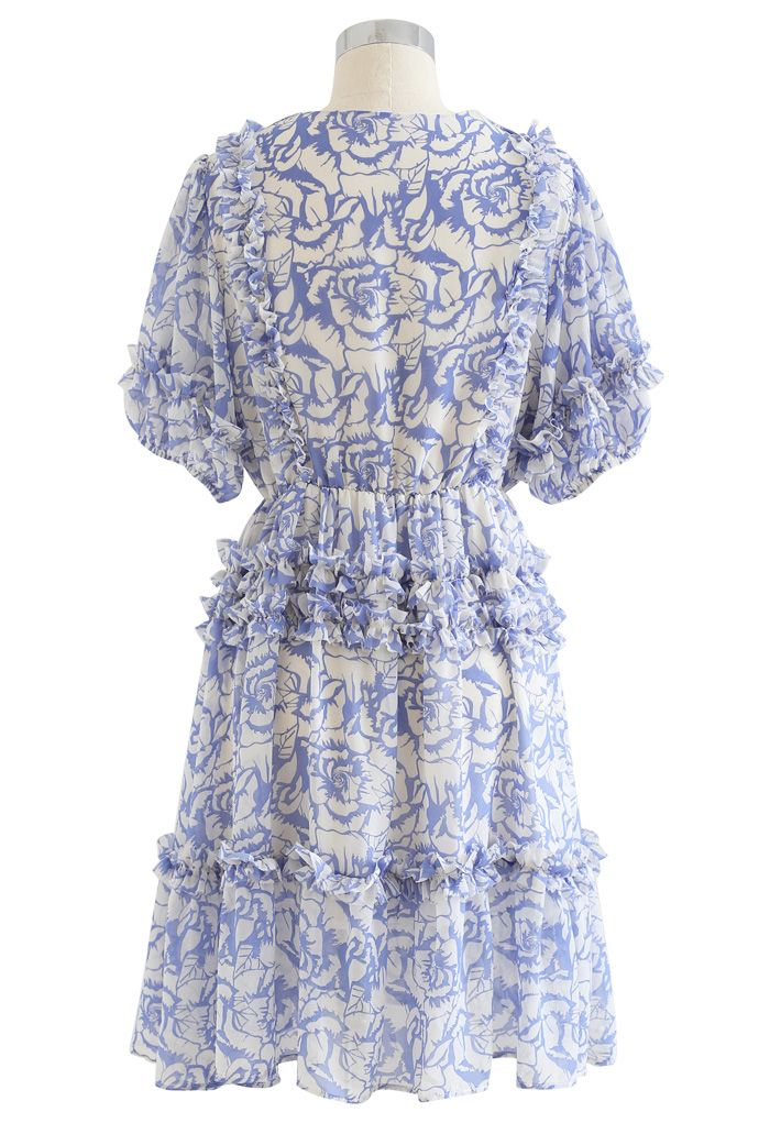 Rose Print Ruffle Detail Chiffon Dress in Blue
