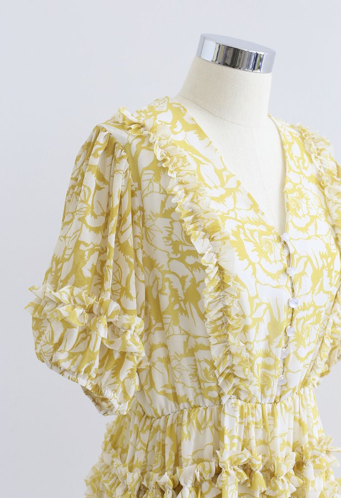 Rose Print Ruffle Detail Chiffon Dress in Mustard