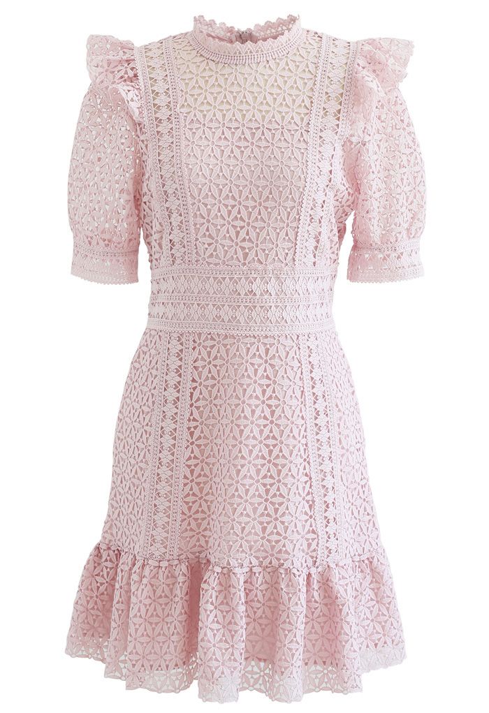 High Neck Full Crochet Mini Dress in Pink