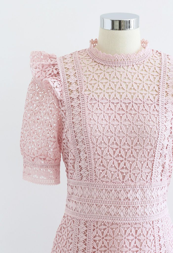 High Neck Full Crochet Mini Dress in Pink